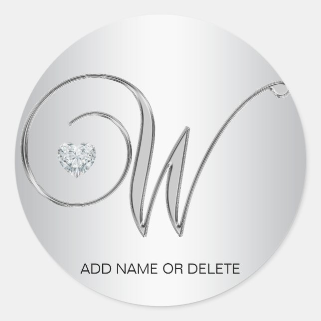 Custom Elegant Silver Monogrammed Initial W Letter Classic Round Sticker (Front)