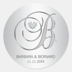 Custom Elegant Silver Monogrammed Letter B Wedding Classic Round Sticker