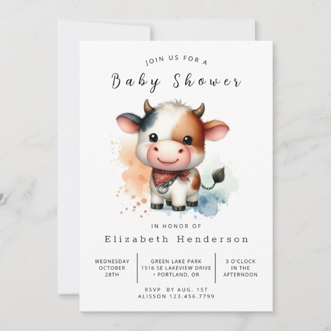 Custom Elegant Simple Cow Baby Shower Invitation (Front)