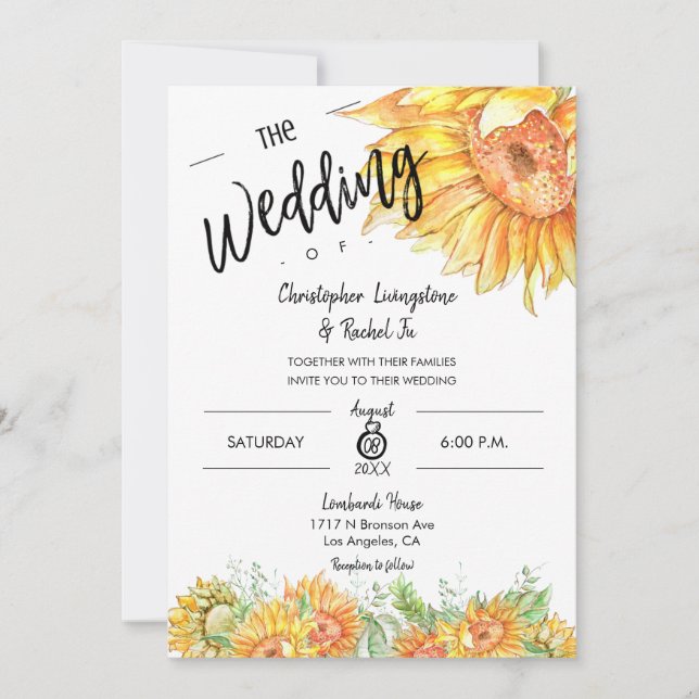 Custom Elegant Summer Wedding Sunflowers Script  Invitation (Front)