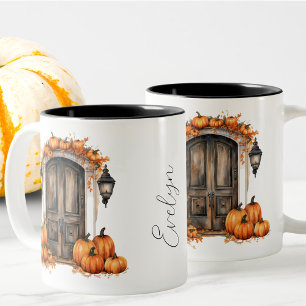 Custom Elegant Vintage Fall Leaves Door Pumpkin Two-Tone Coffee Mug