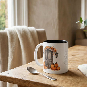 Custom Elegant Vintage Fall Leaves Door Pumpkin Two-Tone Coffee Mug