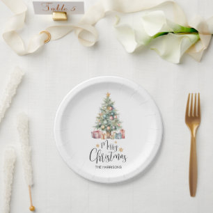 Custom Elegant Watercolor Christmas Tree Paper Plate