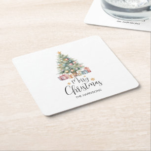 Custom Elegant Watercolor Christmas Tree Square Paper Coaster