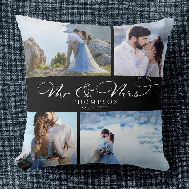 Custom Elegant Wedding Photo Collage Chic Script Cushion (Creator Uploaded)