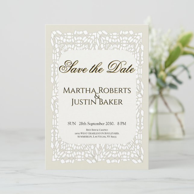 Custom elegant white lace ornamental Save the Date Invitation (Standing Front)