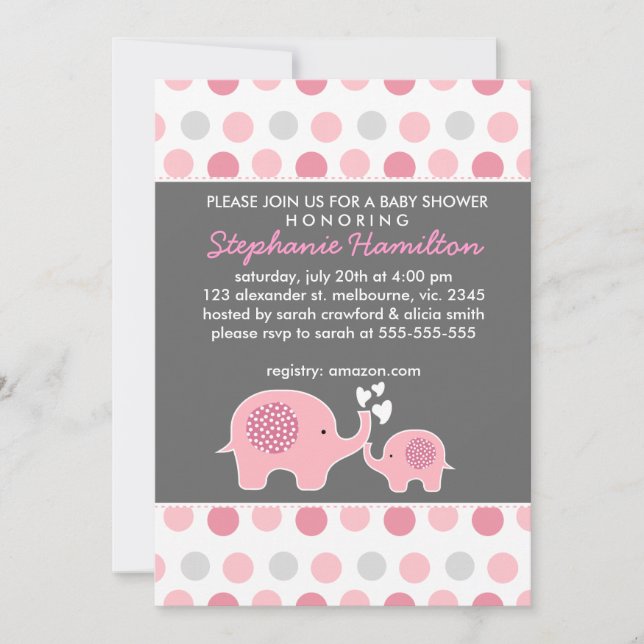 Custom elephant polka dots baby girl shower invitation (Front)