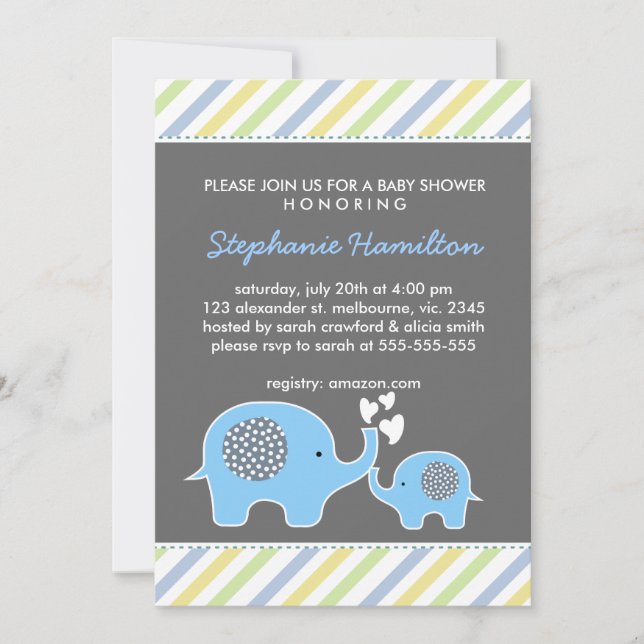 Custom elephant stripes baby boy shower invitation (Front)