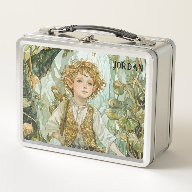 Custom Emerald Forest Elf Boy Metal Lunch Box (Front)