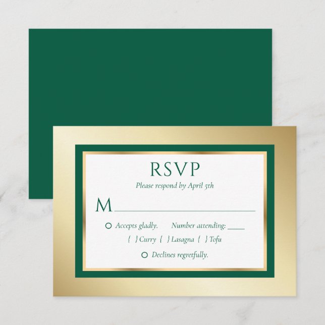 Custom Emerald Green and Gold Wedding RSVP Cards (Front/Back)