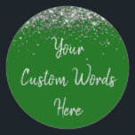 Custom Emerald Green & Silver Birthday Party Favou Classic Round Sticker<br><div class="desc">personalised sweet 16 label quinceanera,  mis quince 30th 40th 50th,  15th 16th 18th 20th 21st,  25th 10th 5th personalised anniversary,  vow renewal wedding reception gift,  son husband him his grandson,  boy baby shower her granddaughter,  girl daughter wife uni graduation,  college graduate high school glitter,  bridal bachelorette hen do night</div>