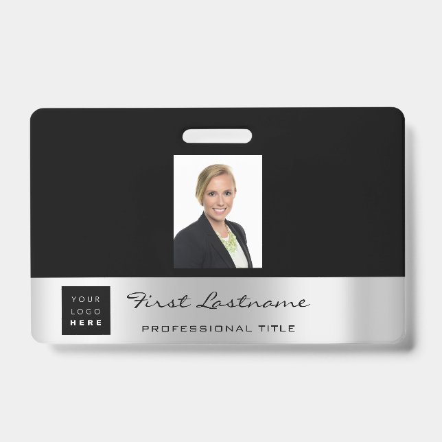 Custom Employee Bar Code Logo Name Black  Silver ID Badge (Front)