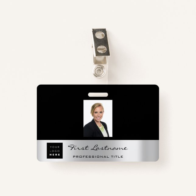 Custom Employee Bar Code Logo Name Black  Silver ID Badge (Front with Clip)