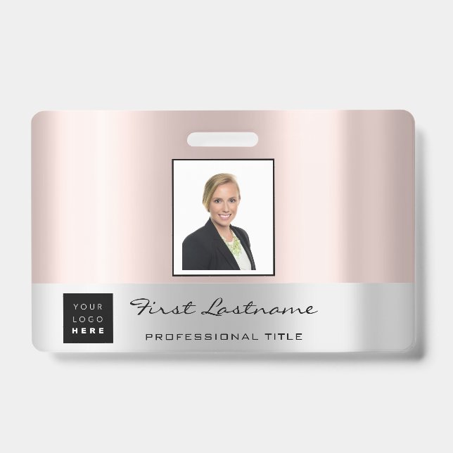 Custom Employee Bar Code Logo Name Rose Gold ID Badge (Front)