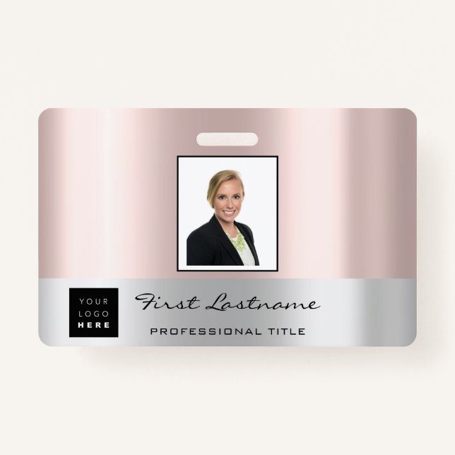 Custom Employee Bar Code Logo Name Rose Gold ID Badge (Front)