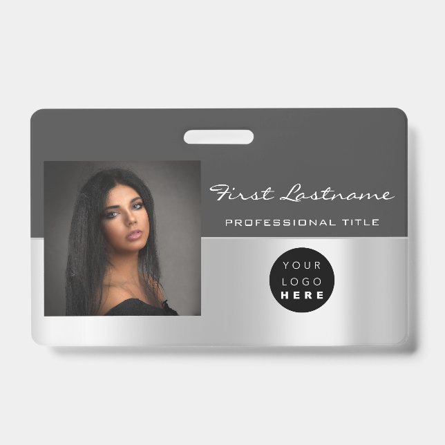 Custom Employee Bar Code Logo Name Scanner Grey ID Badge (Front)