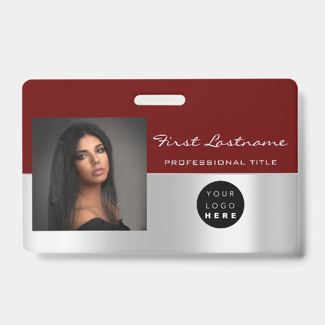 Custom Employee Bar Code Logo Name Scanner Maroon ID Badge (Front)