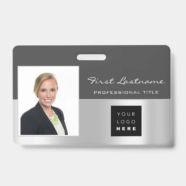 Custom Employee Bar Code Logo Name Scanner Silver ID Badge (Front)