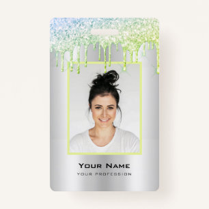 Custom Employee Glitter Drips Green Silver Name ID Badge