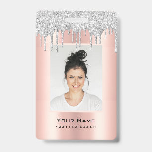 Custom Employee Glitter Drips Pink Silver Name ID Badge