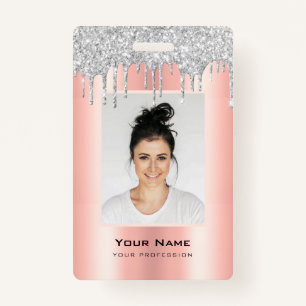 Custom Employee Glitter Drips Pink Silver Name ID Badge