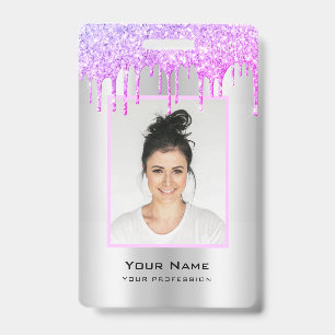 Custom Employee Glitter Drips Purple Silver Name ID Badge