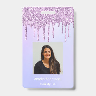 Custom Employee Glitter Drips Purple violet name ID Badge