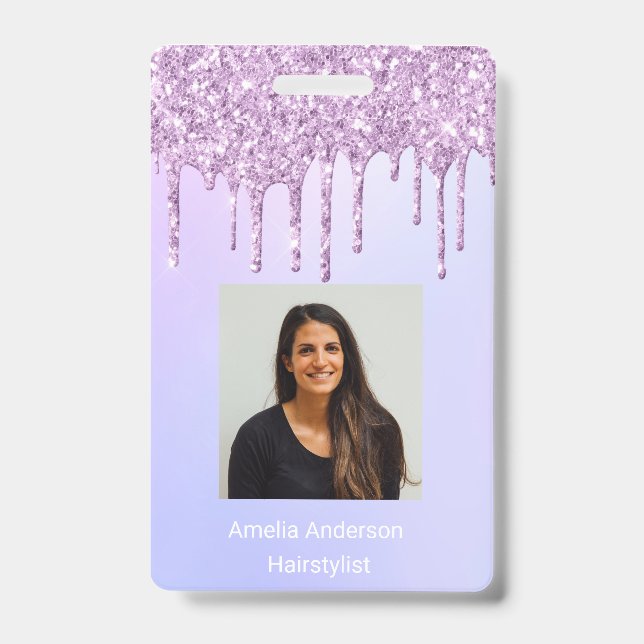 Custom Employee Glitter Drips Purple violet name ID Badge (Front)
