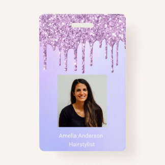 Custom Employee Glitter Drips Purple violet name ID Badge