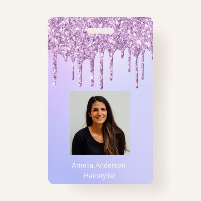 Custom Employee Glitter Drips Purple violet name ID Badge (Front)
