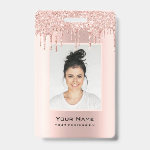 Custom Employee Glitter Drips Rose Gold Name Badge ID Badge