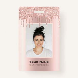 Custom Employee Glitter Drips Rose Gold Name Badge ID Badge
