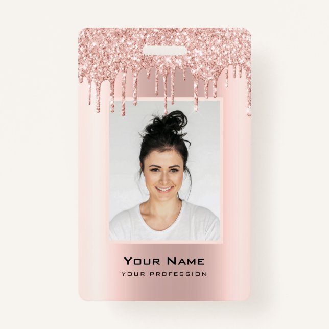 Custom Employee Glitter Drips Rose Gold Name Badge ID Badge (Front)