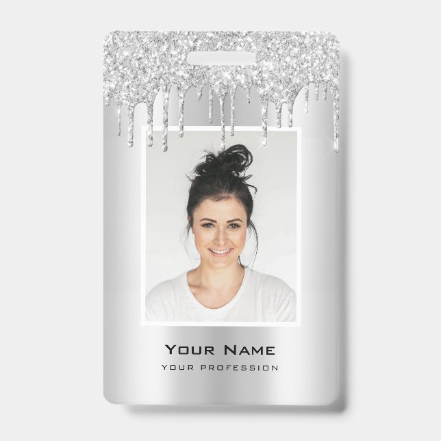 Custom Employee Glitter Drips Silver Grey Name ID Badge (Front)