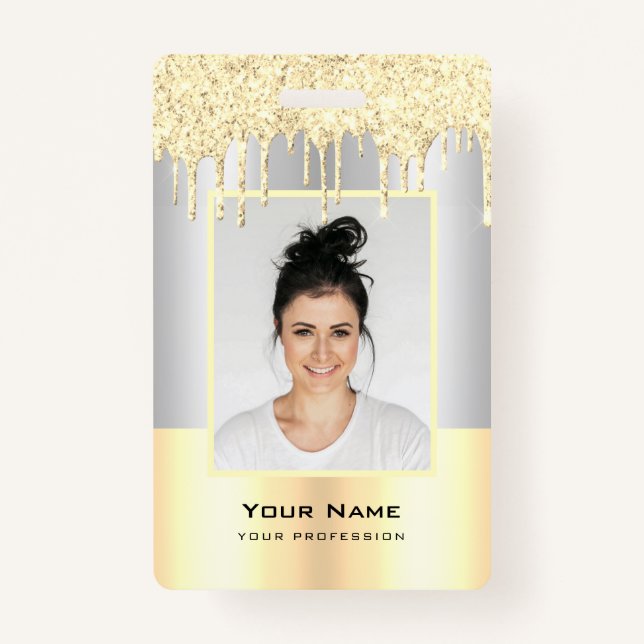 Custom Employee Glitter Drips Yellow Gold Name ID Badge (Front)