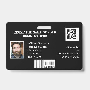 CUSTOM employee ID card barcode photo logo black Badge