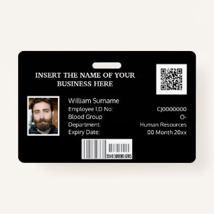 CUSTOM employee ID card barcode photo logo black ID Badge