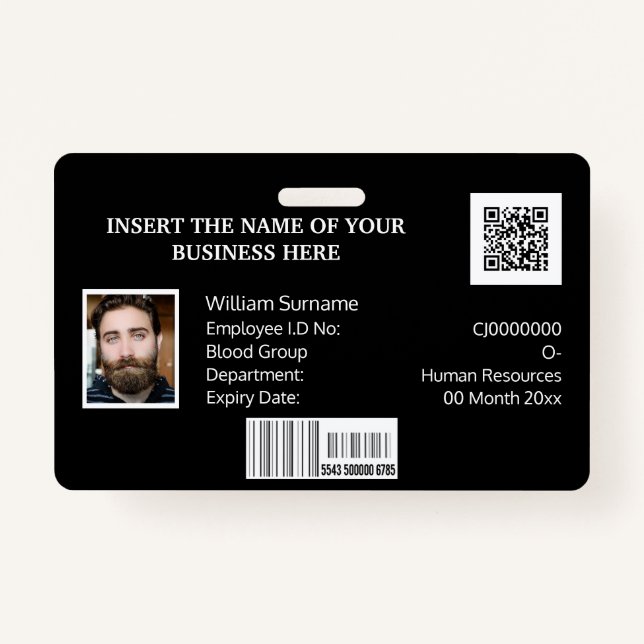 CUSTOM employee ID card barcode photo logo black ID Badge (Front)