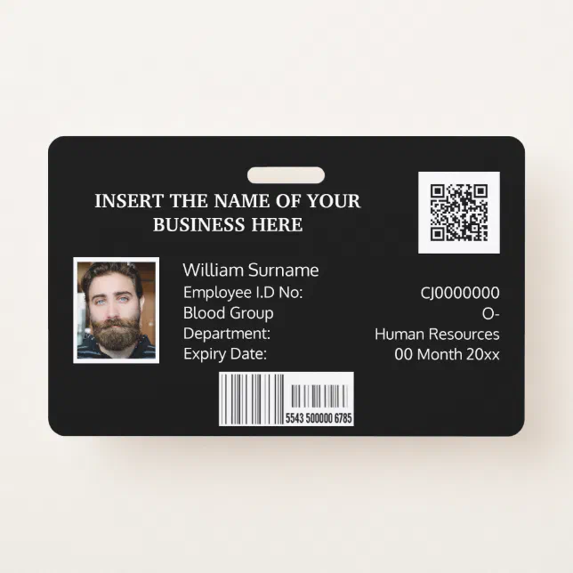 CUSTOM employee ID card barcode photo logo black ID Badge | Zazzle