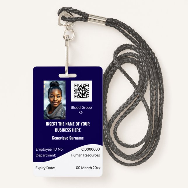 CUSTOM employee ID card editable navy blue white ID Badge (Front with Lanyard)