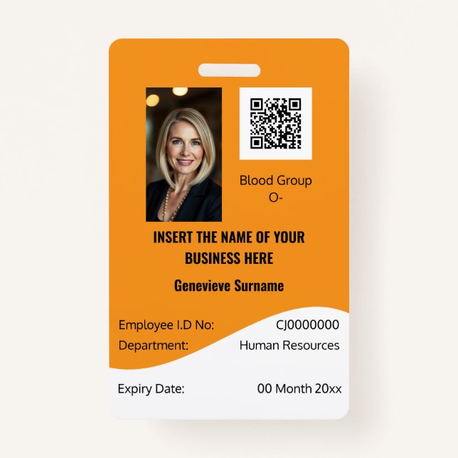 CUSTOM employee ID card editable orange white ID Badge (Front)
