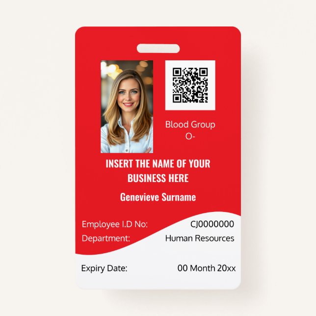 CUSTOM employee ID card editable red white ID Badge (Front)