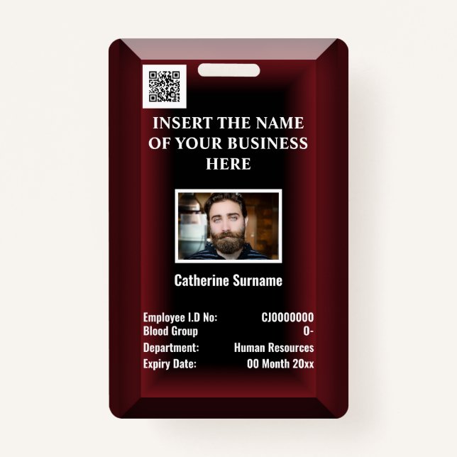 Custom employee ID card | Photo logo maroon red ID Badge (Front)