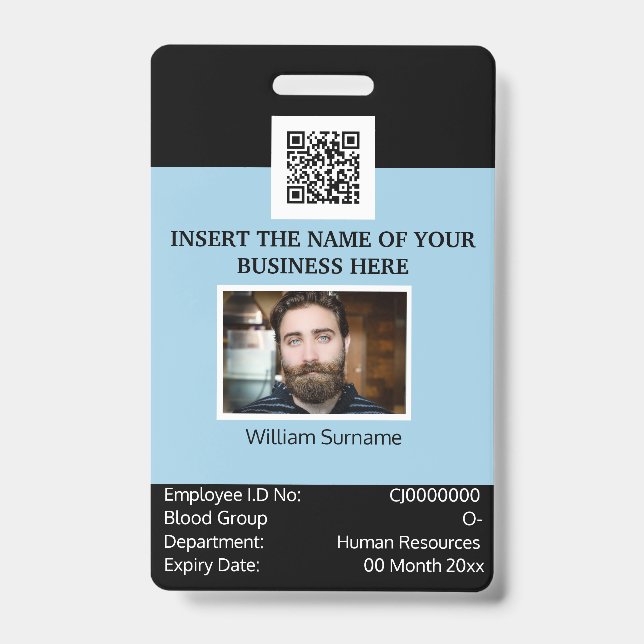 CUSTOM employee ID card template dual sided blue Badge (Front)