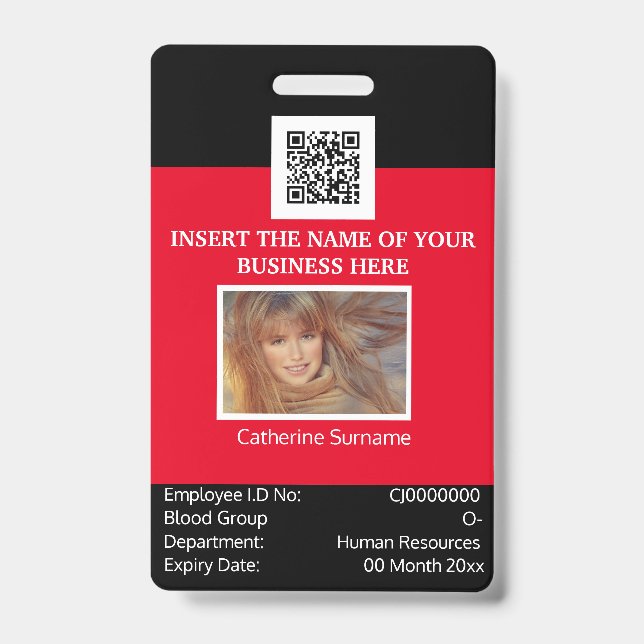 CUSTOM employee ID card template dual sided red Badge (Front)