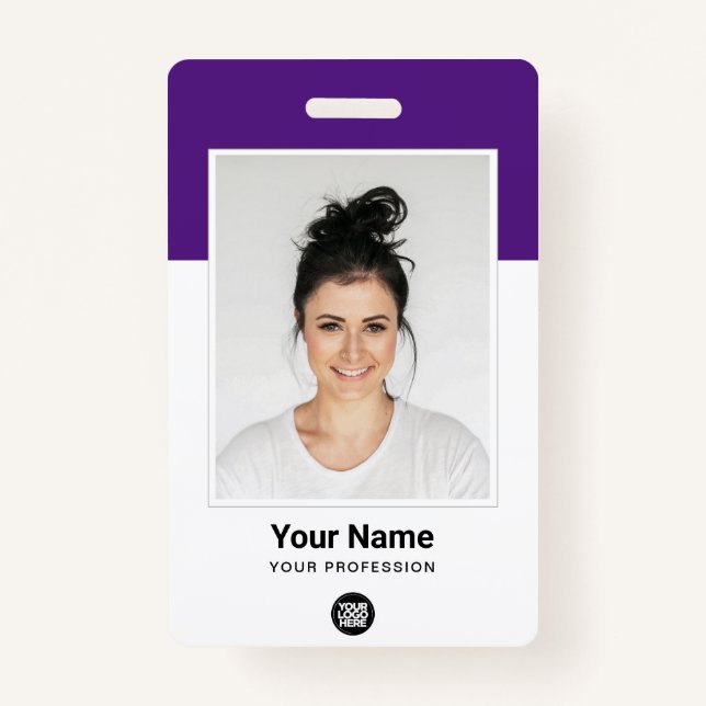 Custom Employee Large Photo Purple Logo Name ID Badge (Front)