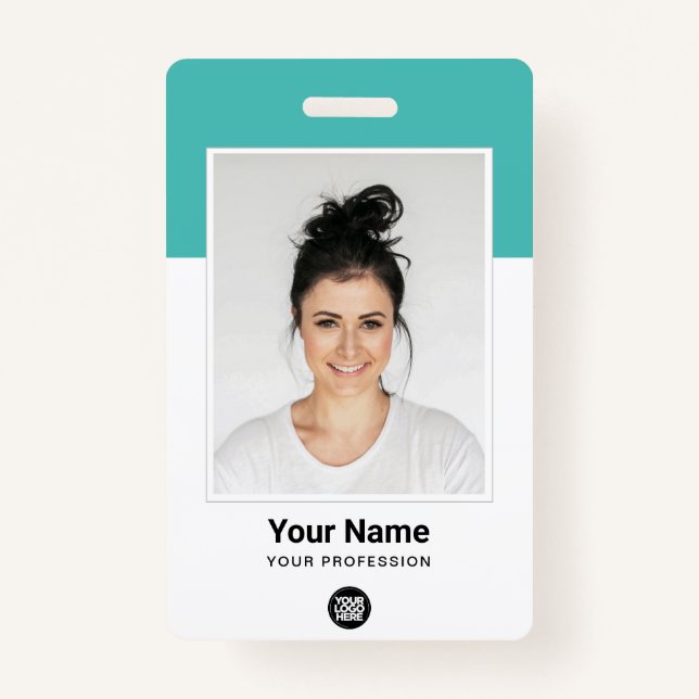 Custom Employee Large Photo Turquoise Logo Name ID Badge (Front)