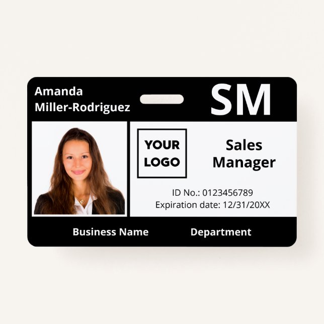 Custom Employee Logo Black White Photo ID ID Badge (Front)