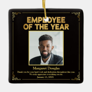 Custom Employee of the Year Black Gold Photo Ceramic Ornament