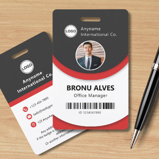 Custom Employee Photo, Bar Code, Black and Red ID Badge